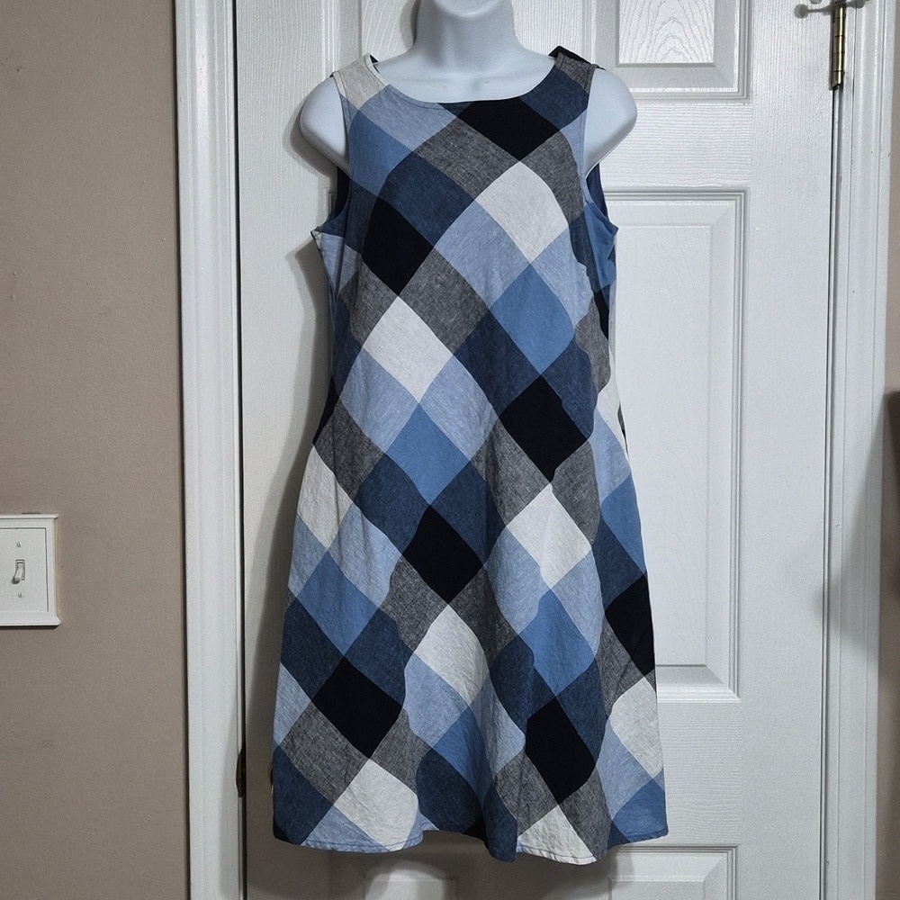 JH Blue And White Plaid Dress With POCKETS Ex Cond Size 4 LINEN & COTTON NWOT